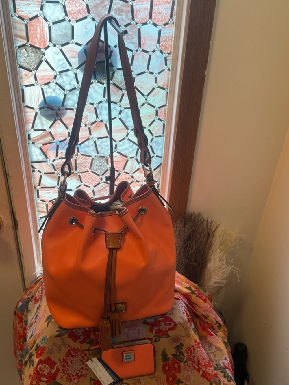 Dooney & Bourke Coral Pebbled Leather Drawstring Bucket Bag with matching wallet - Picture 7 of 13